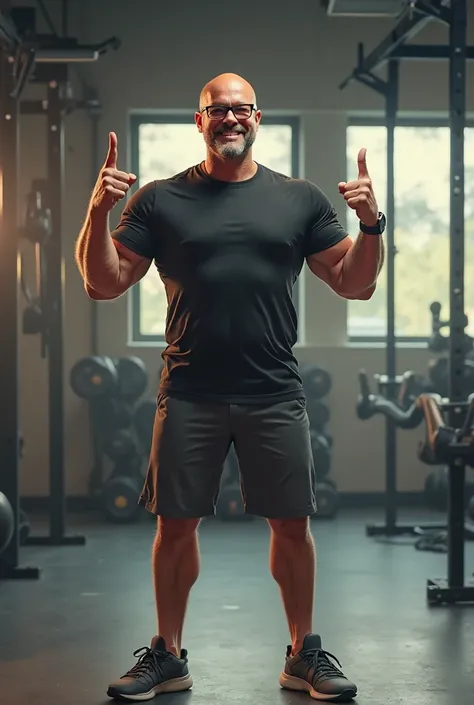 Bald man with glasses in black t-shirt, shorts and sneakers, sweaty, pixar style, with happy face, full length, in gym Doing fuck you, humor, ink, cartoons, high octane rendering, 8k, hyperrealistic, professional photo shoot - AR 9:16