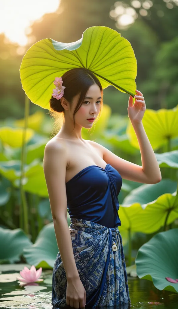 An elegant editorial-style photograph of a stunning Thai woman standing partially submerged in a lotus pond, gently holding a broad lotus leaf for shade. She wears a beautifully draped indigo tube top and a traditional patterned sarong, her hair styled in ...