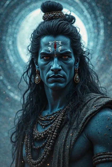 'A striking, edgy, Ektachrome portrait of Lord Shiva surrounded by Vorticist styled swirling energy auras, captured in the moonlight, emphasizing his divine militant essence.'