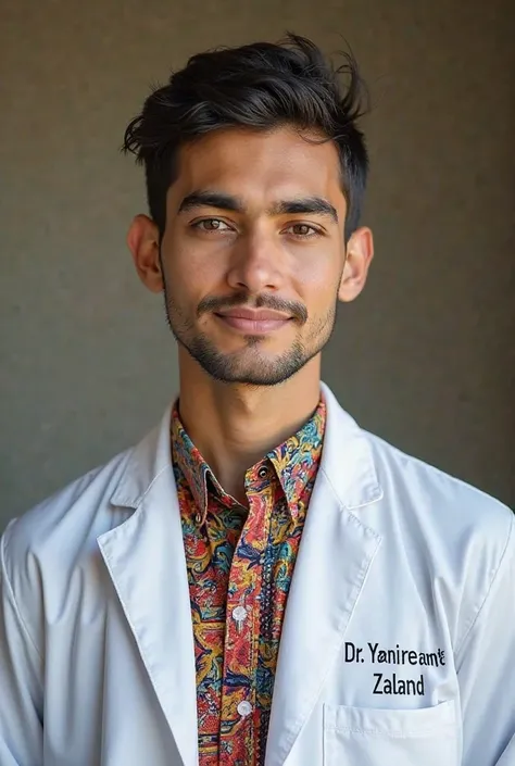 Photo of a young doctor in afghani Shirt . And write Dr, Yonus (Zaland) on his white coat 