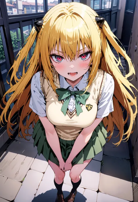  score_9,  score_8_up,  score_7_up,  source_anime,
toloverudarkness, darkness,   yellow hair  ,  long hair, red eyes, hair ornaments close to the garden, two side up,
Sainan school uniform,  shirt, white  shirt, bow, green bow,  skirt, green  skirt, pleate...