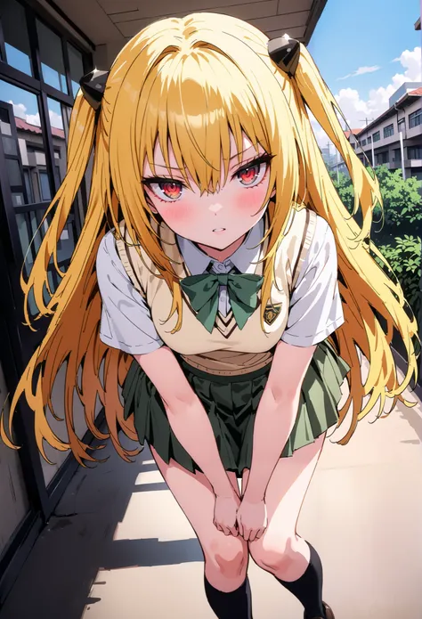  score_9,  score_8_up,  score_7_up,  source_anime,
toloverudarkness, darkness,   yellow hair  ,  long hair, red eyes, hair ornaments close to the garden, two side up,
Sainan school uniform,  shirt, white  shirt, bow, green bow,  skirt, green  skirt, pleate...