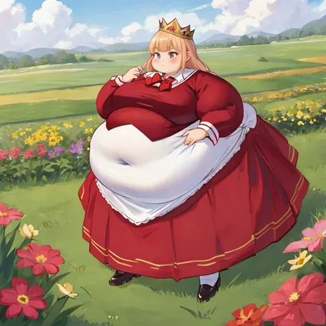 Beautiful Queen, obesity,  very large body , Belly protruding, The whole dress completely covers the body.、(crimson and white long sleeve princess dress outfit with red bowtie collar)、 high neck shirt、long skirt with low skin exposure,full body,  with fiel...