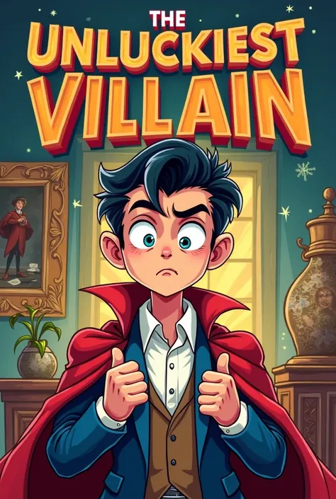 A fun and comical cover for a story of an unlucky villain. Show a charismatic young villain, with frustrated expression (rolled eyes or a face of disappointment), holding an evil plan that clearly went wrong. In the background, a luxurious setting, such as...