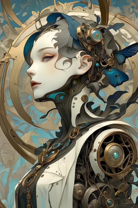 (masterpiece、Highest quality)、Super Detail、 HIGHEST DETAILS 、Automata Girl、layered sculpture 、body horror、Avant-garde、Concept Art、Mysterious and beautiful、Dark Fantasy、Fossil、Art Nouveau、Layered Cut Art、Mucha、stylish、stylish、Magic Rim