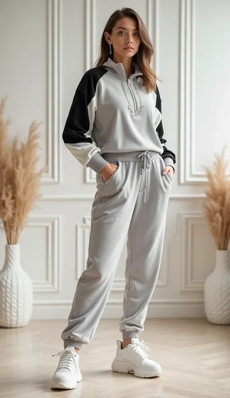 *"Create a high-quality full-body image of a stylish woman wearing a modern velour tracksuit in a soft, light gray color. The tracksuit consists of jogger pants with an elastic waistband and a loose-fitting top with a half-zip collar. The top features a bo...