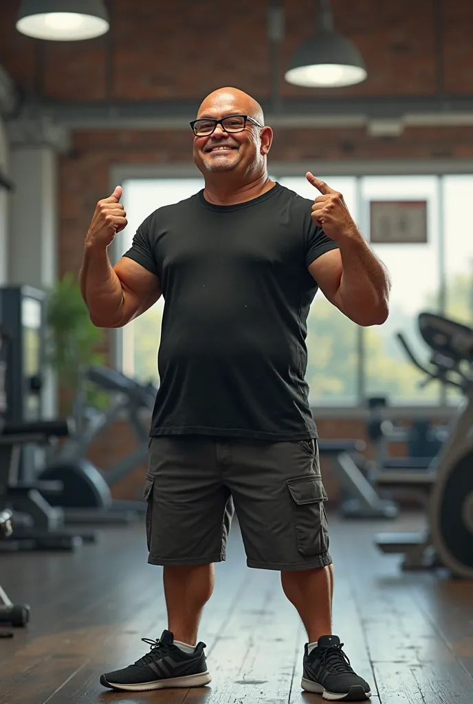 Bald man with glasses in black t-shirt, shorts and sneakers, sweaty, pixar style, with happy face, full length, in gym doing fuck you, humor, ink, cartoons, high octane rendering, 8k, hyperrealistic, professional photo shoot - AR 9:16