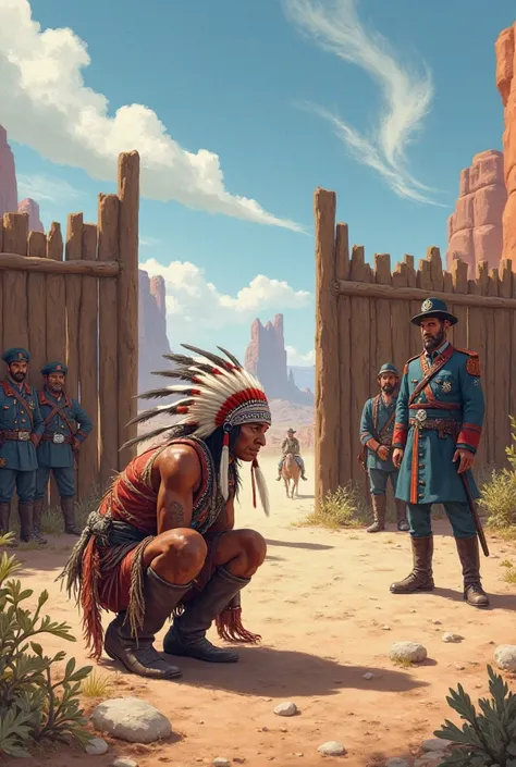 "In the middle of a Wild West fort courtyard, a Native American chief crouches low to the ground, pressing his ear against the dusty earth. He wears a traditional feathered headdress, decorated with vibrant red and white feathers, along with intricate bead...