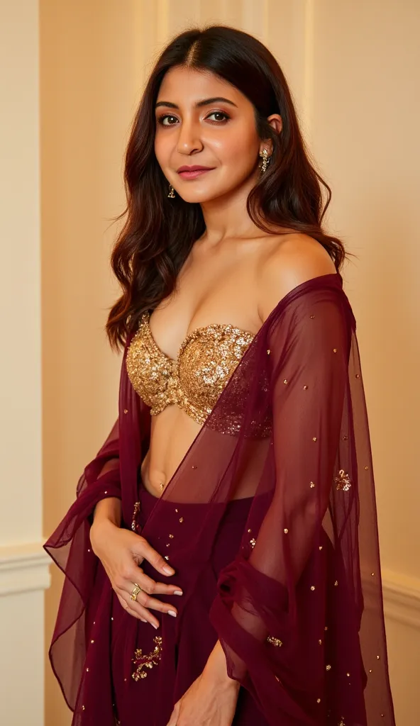 A woman, of South Asian ethnicity and appears to be in her 20s or 30s, is the central subject.  She is positioned slightly off-center to the left of the frame.  She is wearing a deep burgundy, sheer saree with gold sequin embellishments, flowing over her b...