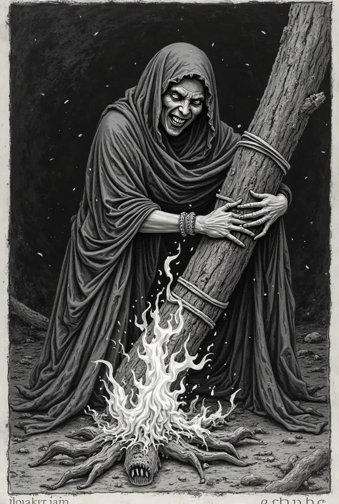 Medieval art in black and white engraving, dark gothic style, of a witch tied to a log catching fire and screaming