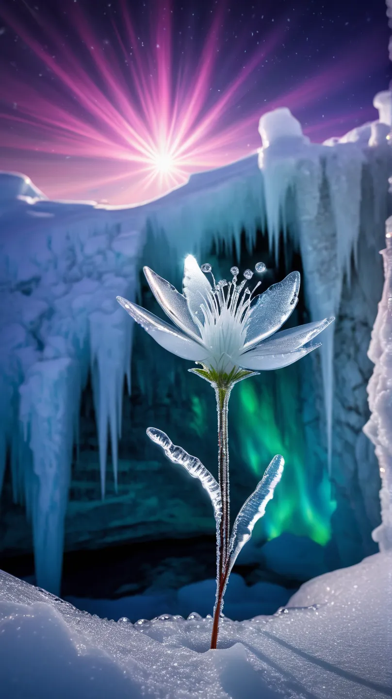 Ice Land、One ice flower is blooming from a rift in the ice、An ice butterfly flying around a flower、 Snowflakes、 auroras、Spotlight、glitter effect to mask,  lens flare, background blur, 