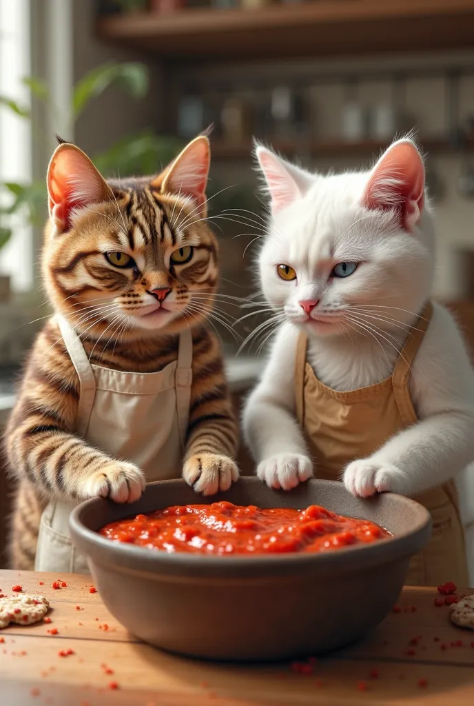 brown cat and white cat making pizza sauce