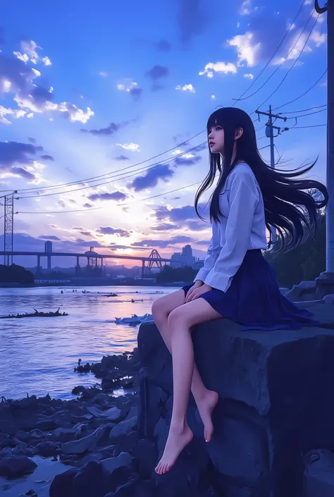 masterpiece, best quality, good quality, very awa, newest, highres, absurdres,1girl, solo, long hair, looking at viewer, blue eyes, shirt, skirt, black hair, long sleeves, closed mouth, jewelry, sitting, white shirt, outdoors, sky, barefoot, cloud, water, ...