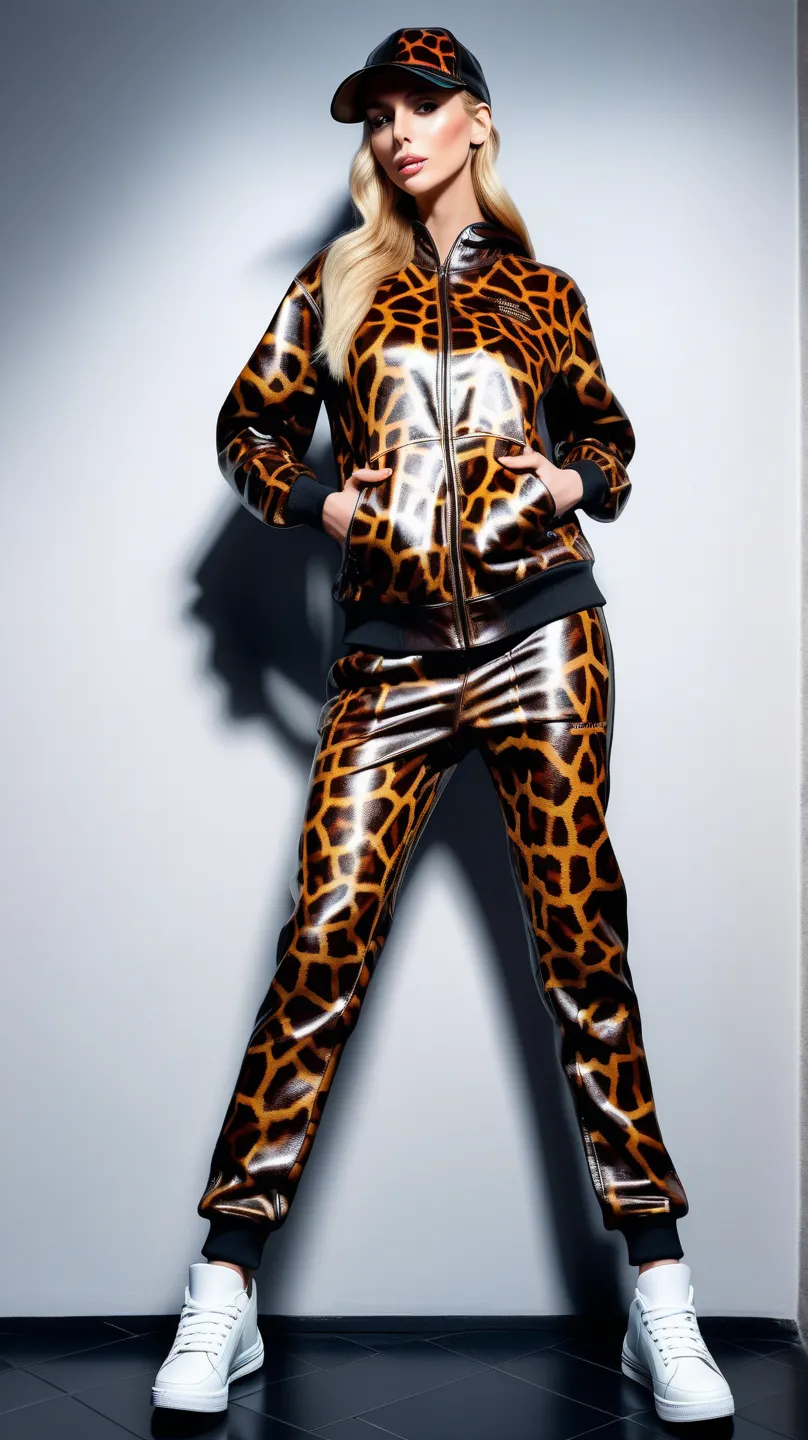 realistic photo, full body shot, intimidating, stunningly beautiful gorgeous young woman, shiny giraffe pattern leather cap, athletic shiny giraffe pattern leather tracksuit, shiny giraffe pattern leather sneakers, blond, ultra HD, cinematic, ultra realist...