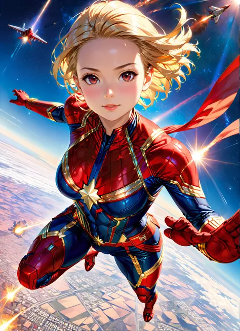 A young girl, French, cute face, ((wide shot, gravure pose:1.2)), solo, (dark skin:1.4), (light red eyes, very long straight hair, blonde hair, medium breasts:1.2), pubic hair, (toned:1.3), looking at viewer, (Captain Marvel flies, fly into space. Smashing...