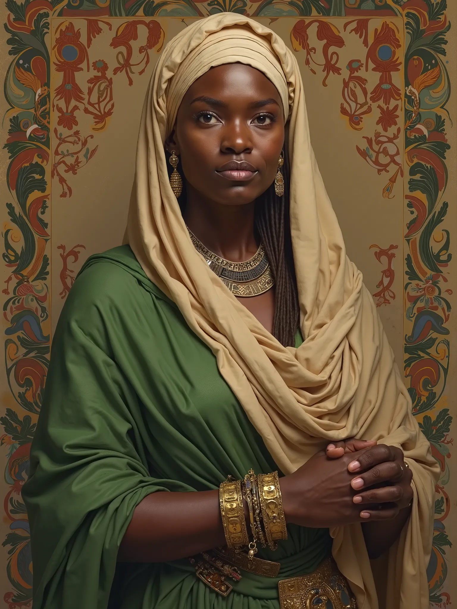 "Artistic portrait of Kimpa Vita, a spiritual leader and warrior of the Kingdom of Kongo in the 18th century. She wears a traditional African green cloth draped over one shoulder and wears a gold band on the arm. Her hair is covered by a light beige veil, ...