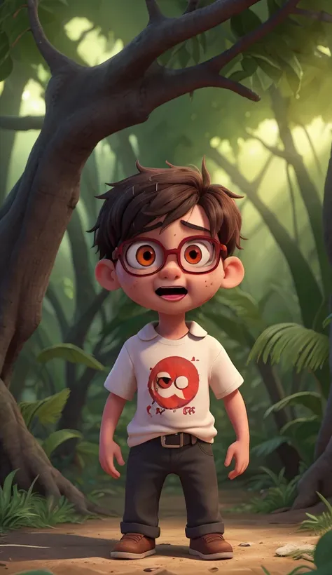 An  boy, Mohan, stands trembling at the edge of a deep cliff in a dark jungle. He wears glasses, a red T-shirt, and white pants. Sweat drips from his face as he stares in terror. The jungle is sharp and colorful, with twisted trees and eerie shadows. Acros...