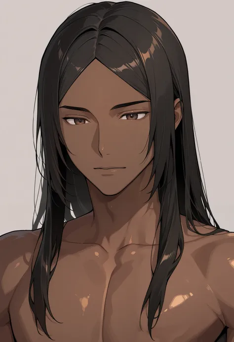 1boy, femboy, no bangs, brown skin, black hair, long hair, brown eyes