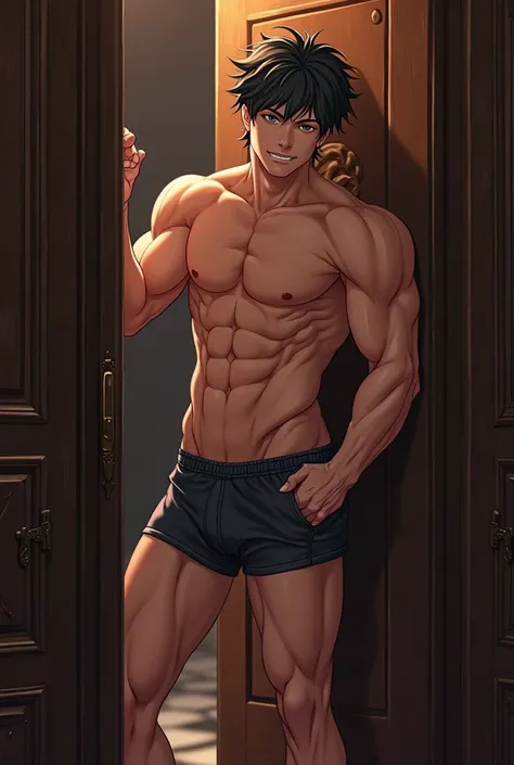 handsome and sexy anime character, shirtless, in boxers leaning on a door frame