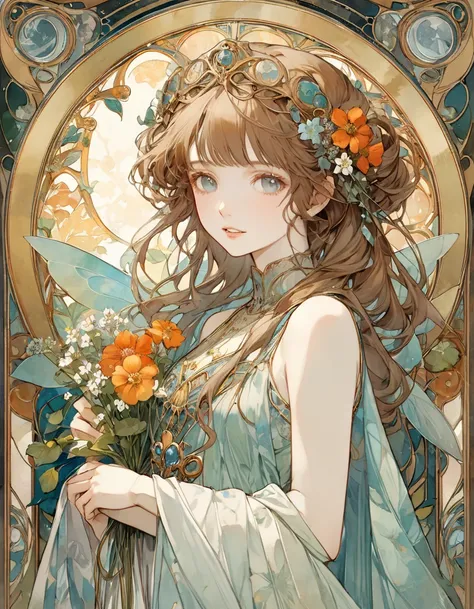 teeth、It depicts a beautiful woman with flowers in her hair.、 Highly Detailed Watercolor , Alphonse Maria Mucha and Gustav Kilmut's Style , art nouveau accents,  Fairy Princess, Anthropomorphic woman, Female figure,  detailed cover artwork , As the Flower ...