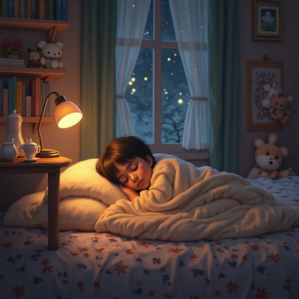 The soft glow of a nightlight cast gentle shadows on the walls, illuminating a room filled with plush toys and books, where a bangladeshi   lay nestled under a cozy blanket and tea table stayed.