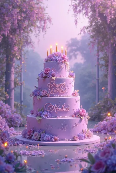 A beautiful backdrop for birthday party have a big and tall cake color light purple have a HAPPY BIRTHDAY, RAKKI written on it 