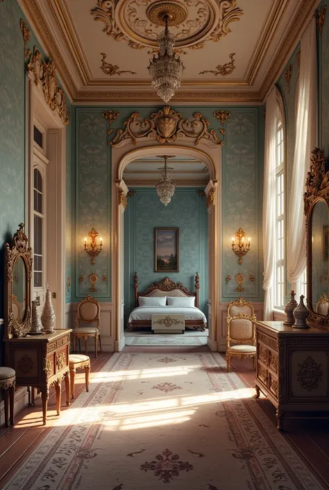 Long hallway and into a room with another four-poster bed, and ornate dressing table with a three-winged mirror, and an armoire. The wallpaper are diluted blue with a floral pattern 