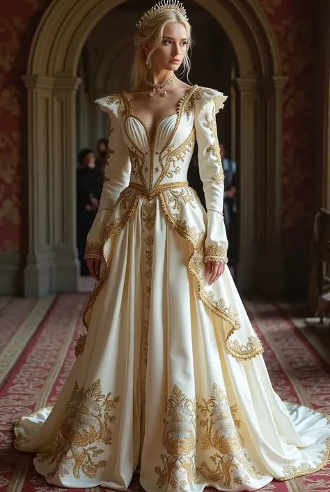 A medieval wedding dress ,  in the color ivory and with gold details ,  embroidered with lions and flowers .  inspired by the Game of Thrones costume