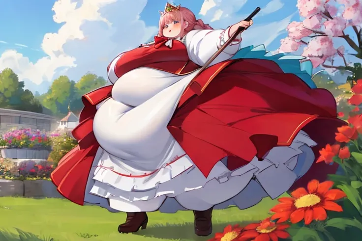 Beautiful Queen, obesity,  very large body , Belly protruding, The whole dress completely covers the body.、(crimson and white long sleeve princess dress outfit with red bowtie collar)、 high neck shirt、long skirt with low skin exposure,full body,  with fiel...