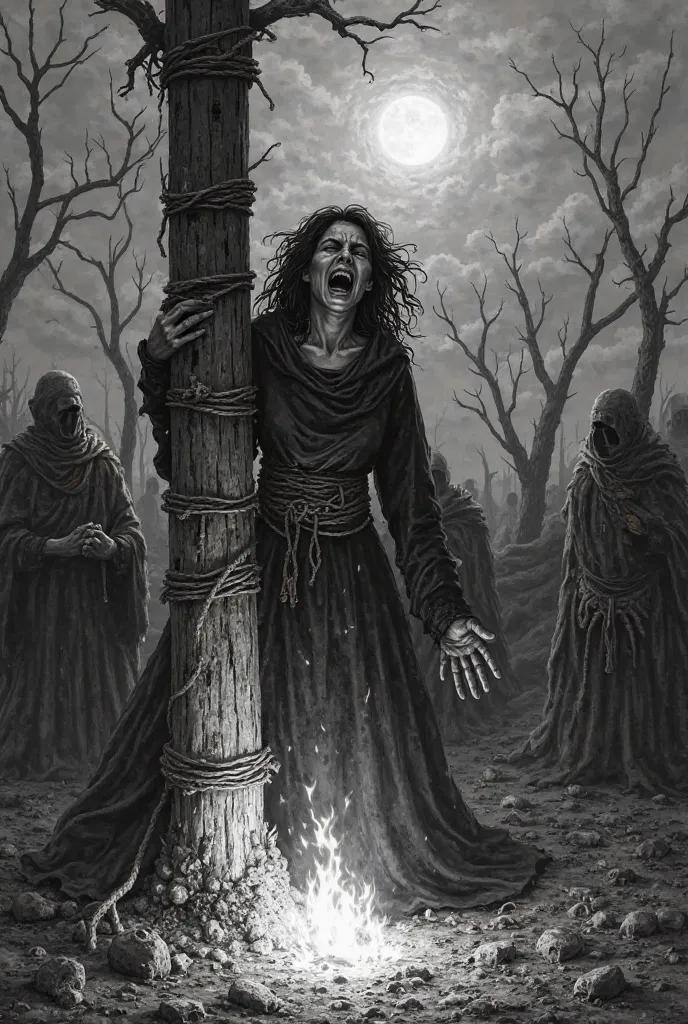 Medieval art in black and white engraving, dark gothic style, Of a burning witch tied up standing on a log setting fire and screaming