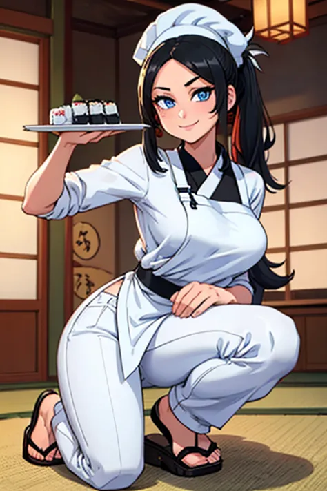 female, black long hair in a ponytail, blue eyes, (((1girl))), (((white sushi chef attire))), (white pants), (Japanese sandals), (white apron), cute and sexy, full body, modest breasts, long legs, smiling