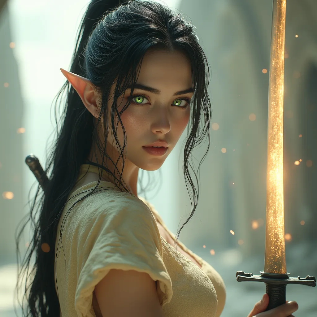 , a close look at the sharp blade of the katana ( the sun sparkles on the blade ),  held in her hand, by a woman stretched straight forward ,   Young woman  , elfийка,  Futuristic ,  elf, Full length, skinny, ,  subtle facial features (  high cheekbones,  ...