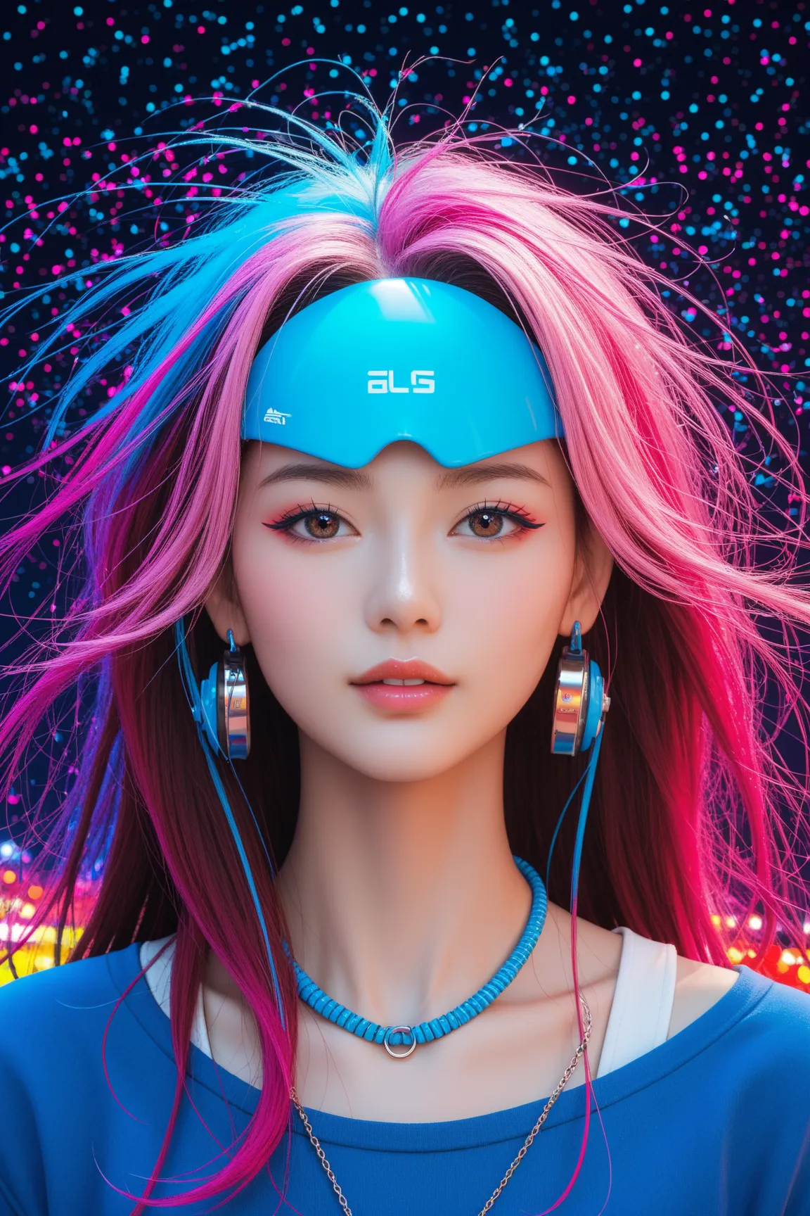 Expressionist artwork image of a single floating ceramic head, face, korean woman, colorful, color splash, neon colors, make it weird and gallery worthy