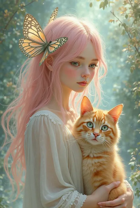 The shape of a  girl with light pink hair and mint-colored eyes is a monarch baby with a golden divine cat on the side of the loose head