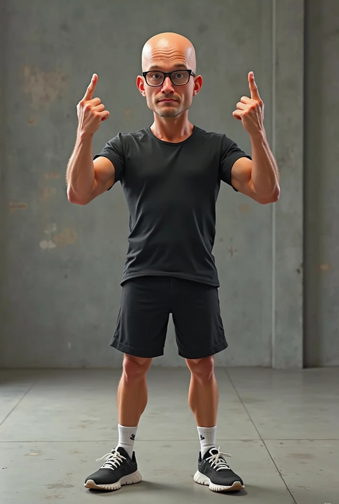 Bald man with glasses in black t-shirt, shorts and sneakers, sweaty, pixar style, with happy face, full length, in gym Raising the middle finger on both hands , humor, ink, cartoons, high octane rendering, 8k, hyperrealistic, professional photo shoot - AR ...