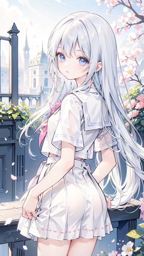  girl,   sailor uniform, Facing you with your butt raised in a pleated skirt ，White ruffle shorts with inner lining, Jacquard skirt