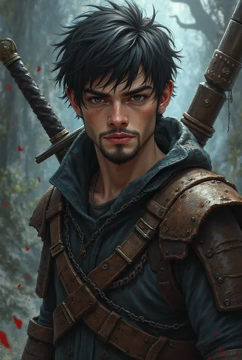 Male, leather armor, sword on back, goatee, young, unkempt hair, black eyes, anime style 