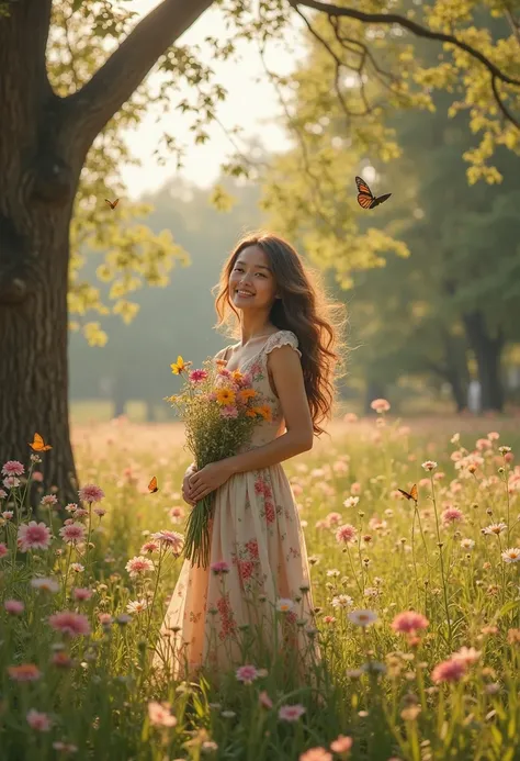 a beautiful woman in a spring outfit, standing in a sunny meadow, smiling joyfully, long flowing hair, delicate facial features, petite figure, floral dress, holding a bouquet of wildflowers, sunlight streaming through the trees, lush green foliage, butter...