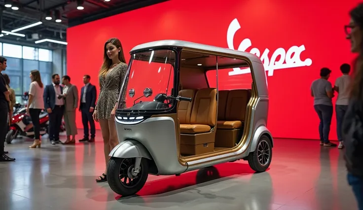 A sleek, modern ("A modern 2025 Vespa Electric Rickshaw designed like a three-wheeled auto-rickshaw but with a sleek and futuristic look. The scooter has a closed roof for weather protection, luxurious leather seats, a stylish front design with LED headlig...