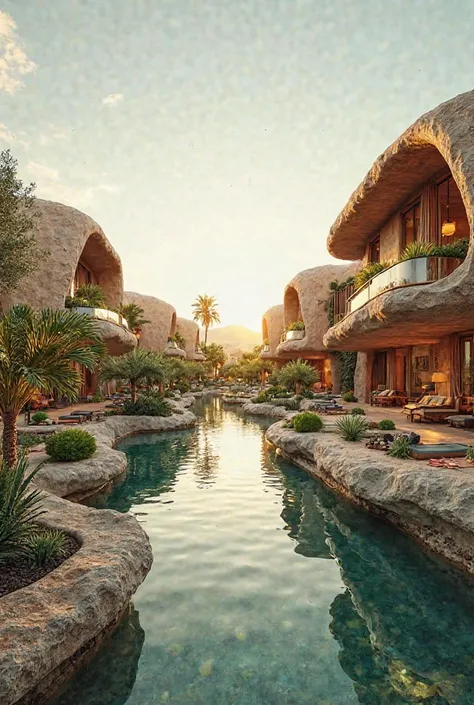 A modern boutique hotel emerging like an oasis in the desert. The design features natural, local materials with a series of water features and lush garden spaces. The building is set against a bright, sunlit backdrop with the serene Magic Lake visible in t...