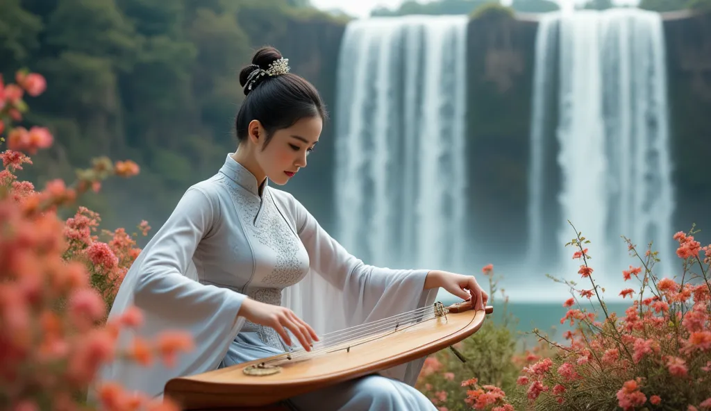 Beautiful Chinese lady wear show big breasts playing a Chinese guzheng in the beautiful waterfall and full of a lot of flowers.