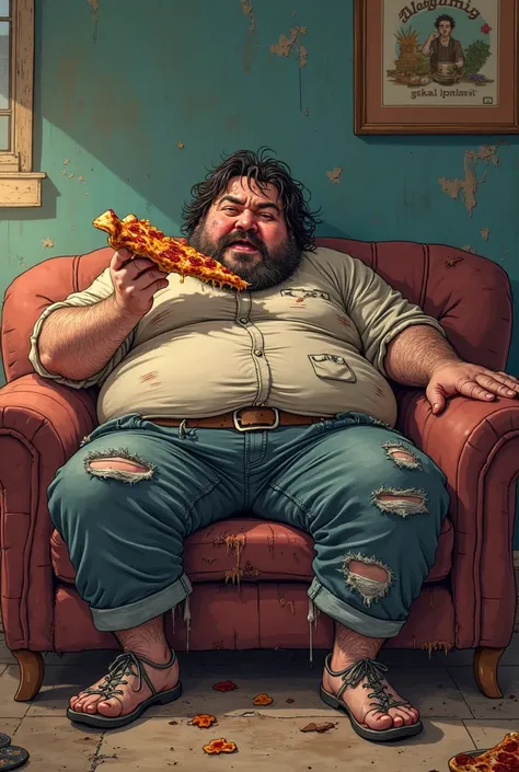  A fat and black haired man with lots of        body hair and dirty clothes eating pizza while sitting on      a worn couch. Anime style.