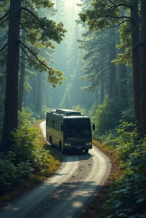 Another bus travelling on a forest road Without peoples and all glasses black