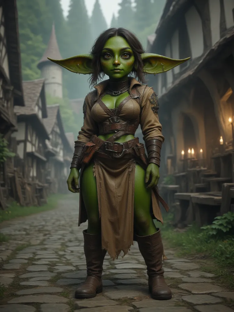 full shot of a short goblin slave girl with green skin, green twin tails hair, dirty face and body, attractive body, slave chain collar on her neck, her clothes are worn out and ripped, green skin color, medieval background