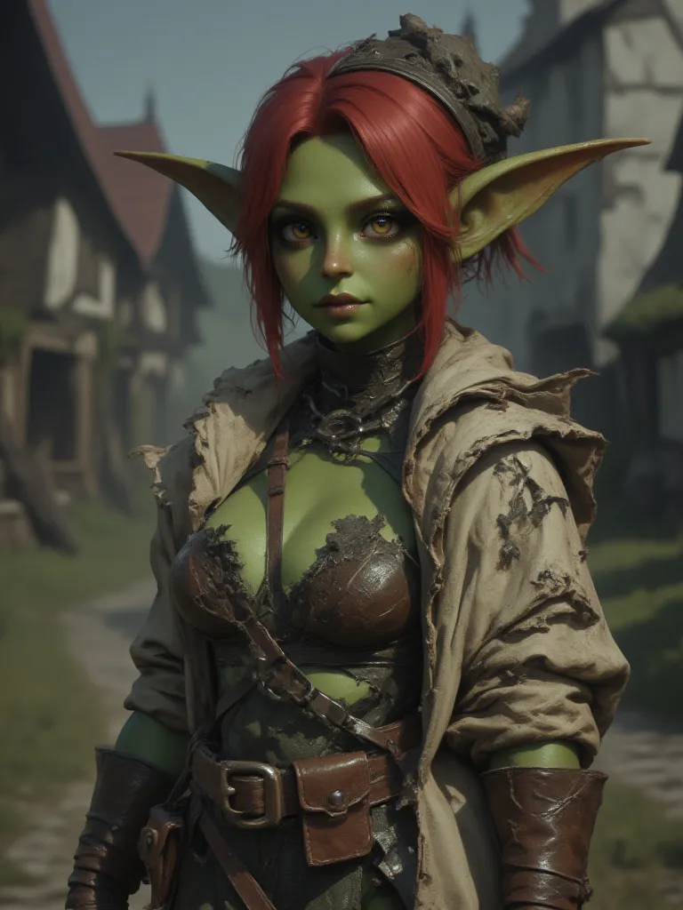 full shot of a short goblin slave girl with green skin, red twin tails hair, dirty face and body, attractive body, slave chain collar on her neck, her clothes are worn out and ripped, green skin color, medieval background