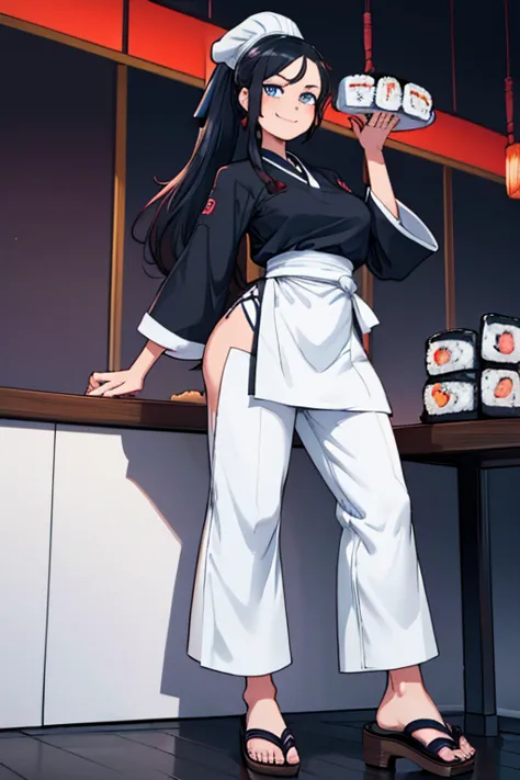 female, black long hair in a ponytail, blue eyes, (((1girl))), (((white sushi chef attire))), (white pants), (Japanese sandals), (white apron), cute and sexy, full body, modest breasts, long legs, smiling