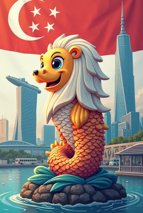 cute cartoon abstract merlion with Singapore flag and iconic architecture