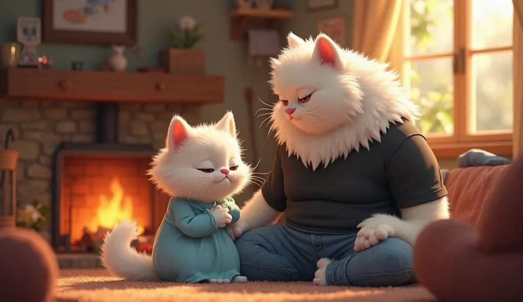 Setting : A cozy, small house with warm lighting.

A mother white persian cat wearing a long blue dress (soft fur, kind eyes) and a white persian  father cat (strong, protective) sitting together, enjoying their time.

They cuddle by a fireplace or near a ...