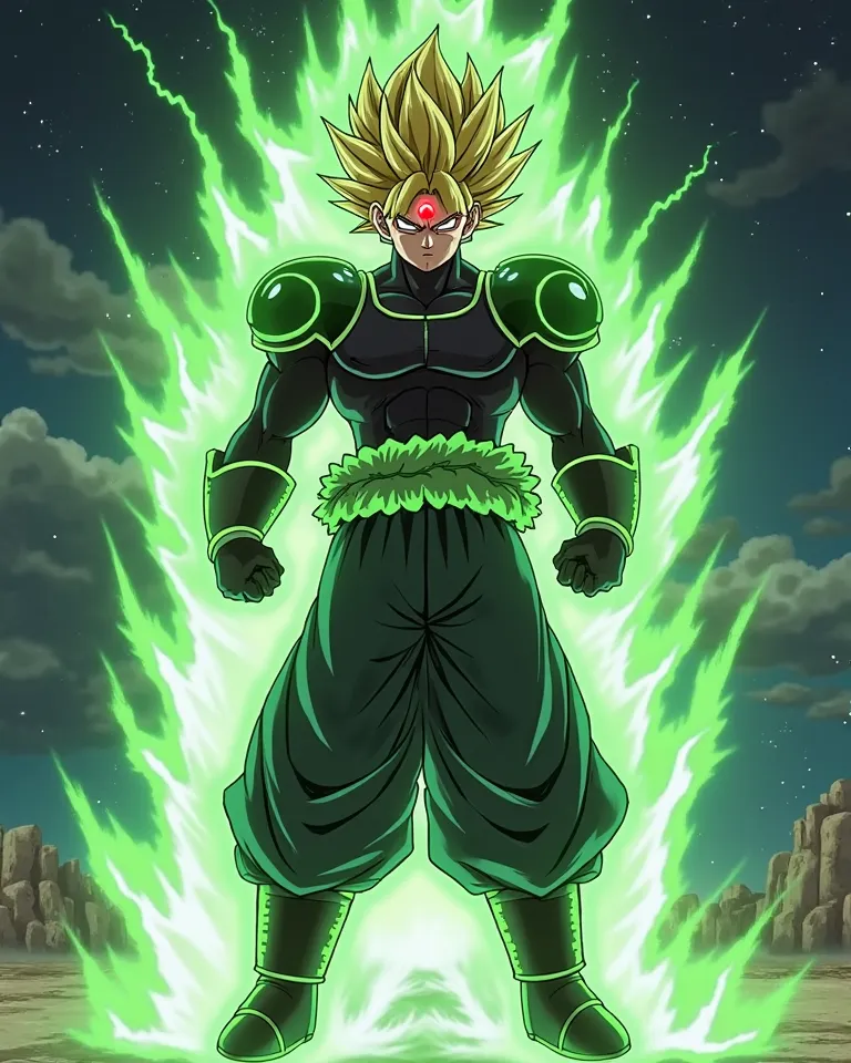 "A high-quality anime-style full-body illustration of Broly in his Legendary Super Saiyan form, standing in a neutral stance, surrounded by an intense green energy aura. He wears a customized full-body battle armor that closely resembles his original desig...