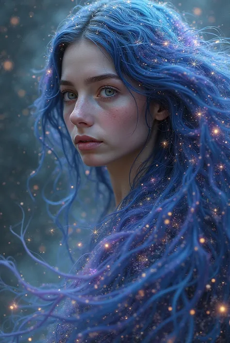 A woman with long hair with colors of the galaxy